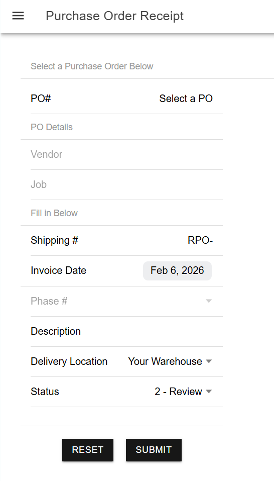 Purchase Order Receipt screen