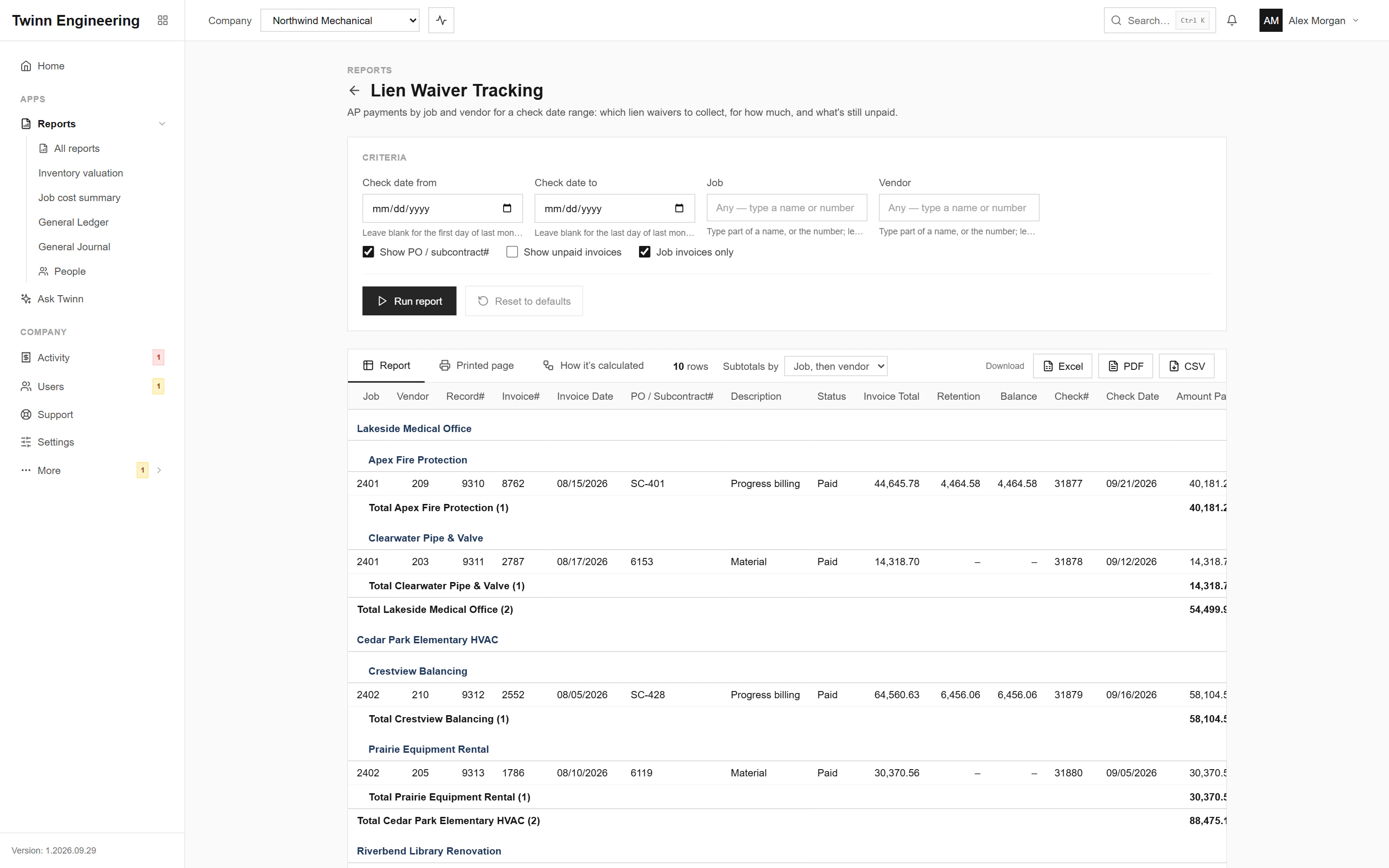 Lien Waiver Tracking running in Twinn Reports